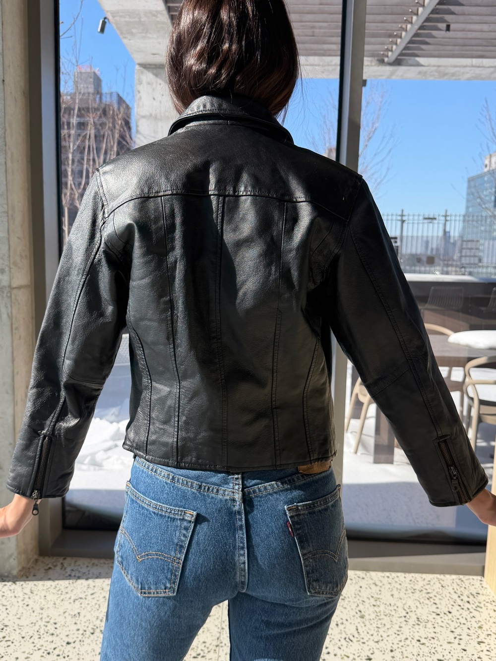 Vintage Black Leather Fitted Zip-Front Jacket - Picture 3 of 4